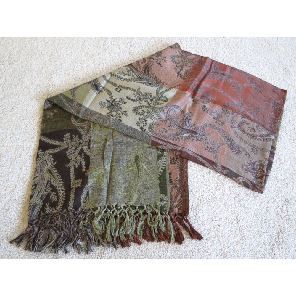 Anthropologie Moksha Wool Fringed Brown Scarf Wrap Floral Boho
